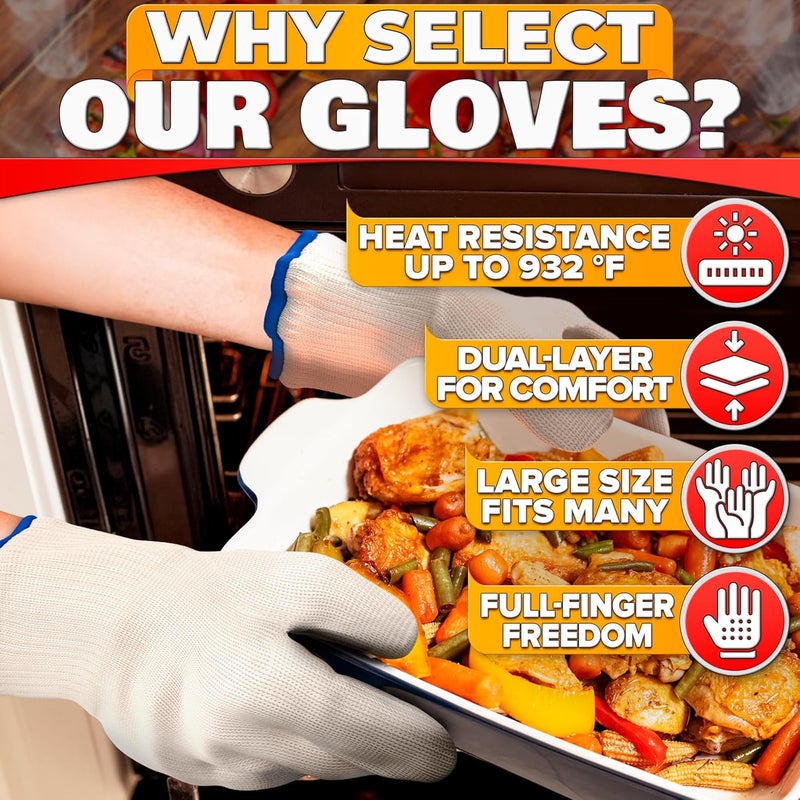 V TOWER Heat Resistant Gloves for Cooking & Grilling – Aramid Oven Mitts Gloves with Fingers, Short-Term Hand Protection up to 932°F and Secure Grip for Baking, Fryer, and BBQ - Image 3